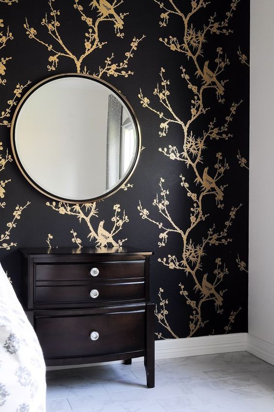 make your bedroom more refined with a black and gold wallpaper accent wall and it will be wow