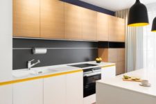 07 white and light-colored wood cabinets and a matte black backsplash for a bold minimalist kitchen design