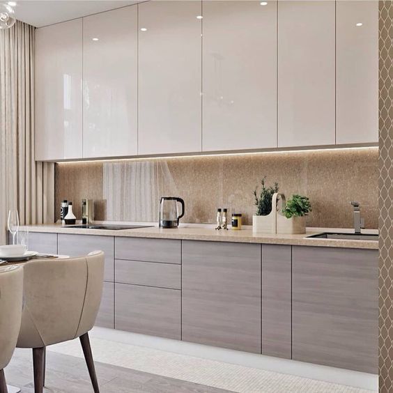 go for sleek neutral cabinets paired with light stained ones for a contemporary feel
