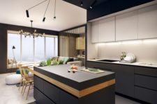 11 a minimalist kitchen with sleek white and black cabinets and eye-catchy lights looks wow