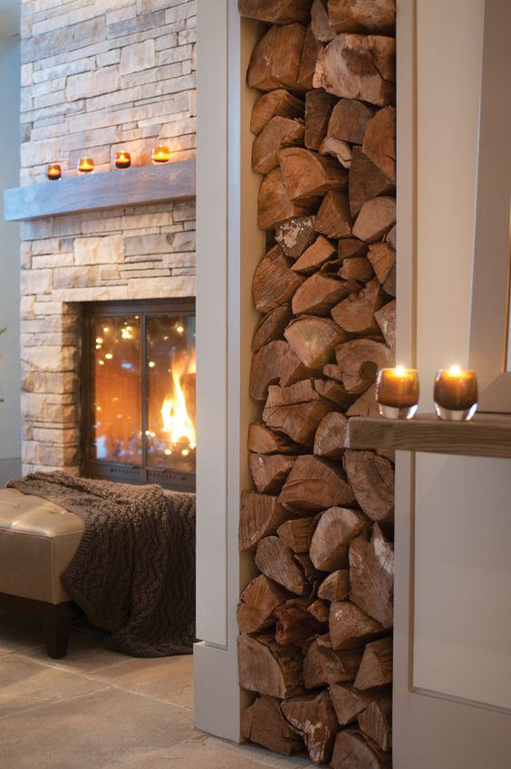 built in firewood storage is a comfy idea that will add coziness to any space, looks perfect