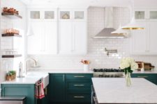 17 emerald and white cabinets, subway tiles for the backsplash and some metallic touches here and there