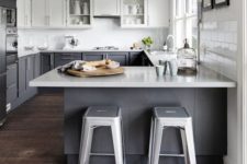 19 graphite grey cabinets, upper white ones plus granite countertops and metal stools for an industrial feel