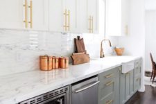 21 light grey and white kitchen cabinets with brass and copper touches for a chic feel