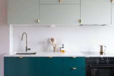 24 turquoise and light green cabinets with catchy pulls for a contemporary kitchen look