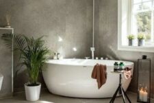 a modern bathroom with potted plants