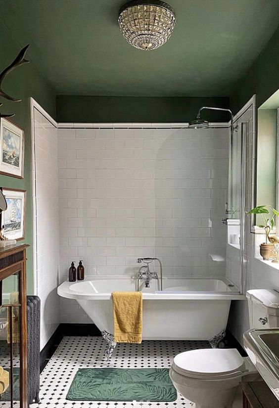 a chic bathroom with dark green walls and a ceiling, a vintage tub, a toilet, a glass storage unit and a dark green rug