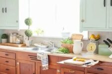 a chic vintage farmhouse kitchen with stained and light green cabinets, neutral countertops, potted greenery and printed textiles