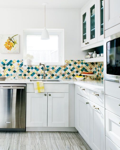 a modern white kitchen with a colorful arabesque tile backsplash that brings color and interest to the space