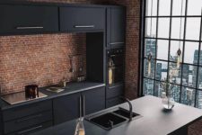 a modern kitchen with brick walls that looks amazing
