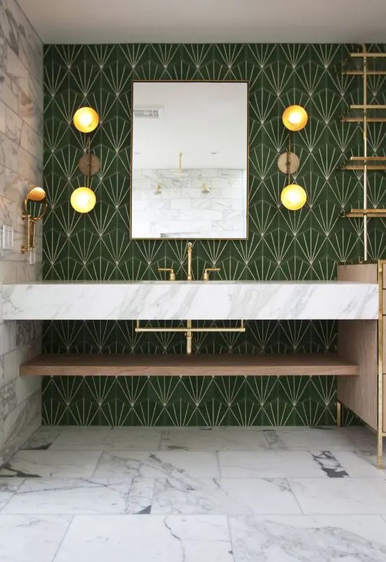 art-deco green and gold mosaic tiles for creating a bold and elegant statement wall and marble add a luxury