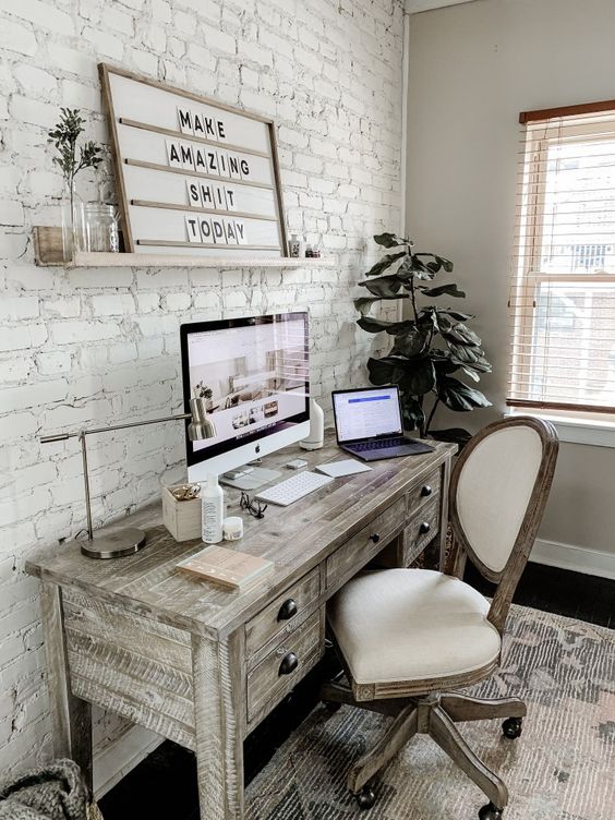 make your home office more eye-catching and bold with white brick walls or a single statement wall like here
