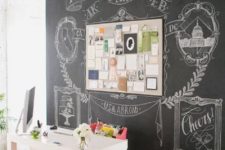 02 a chalkboard accent wall with an addiitonal memo board and lots of art chalked on the wall for a cool look