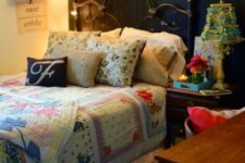 07 a small shabby chic bedroom with a chalkboard accent wall, lots of lights, colorful bedding, a bunting and rugs is very cozy