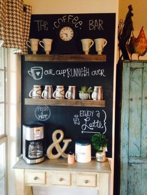 a home mini tea nad coffee bar with a chalkboard wall to mark what you are offering to your family today