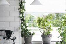 09 a monochromatic kitchen with a Nordic feel and climbing plants covering the window to refresh the space