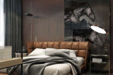 15 an edgy masculine bedroom with a wood slab wall, a weathered wooden ceiling and a brown leather bed