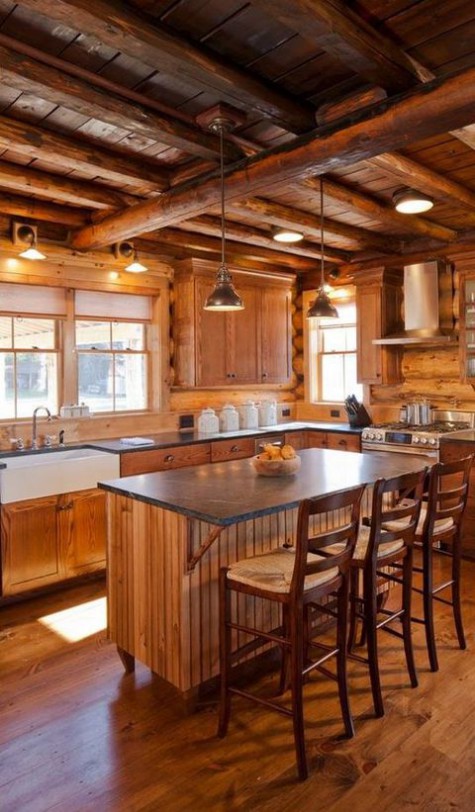 a cozy chalet kitchen all clad with wood, with blakc stone countertops, metal pendant lamps, vintage stools