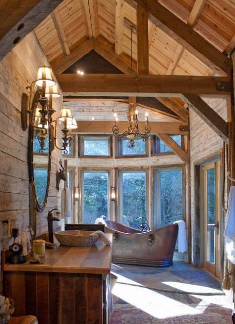 a statement chalet bathroom all clad with wood, with lots of windows for views and light, refined lamps and stone sinks