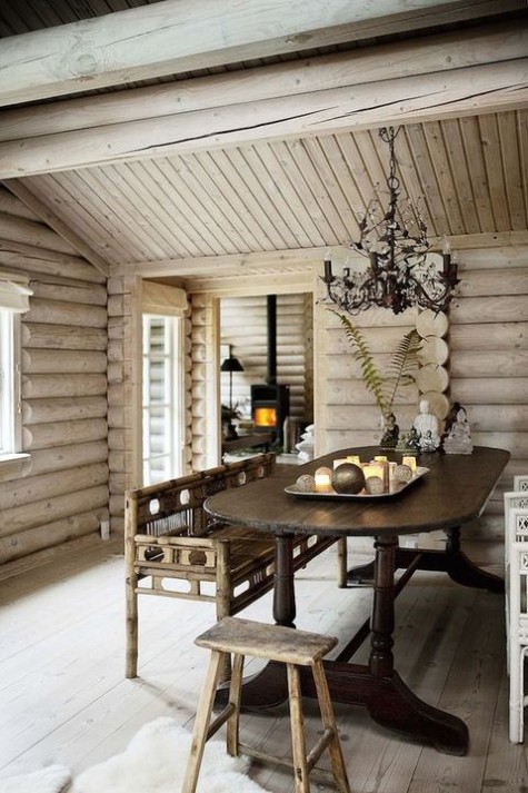 a welcoming chalet dining space clad with whitewashed wood, with vintage furniture, a vintage chandelier and some candles
