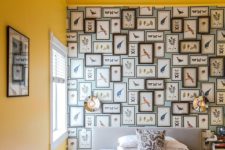 09 a bright bedroom with sunny yellow walls, a crazy bird gallery wall and printed bedding and pendant bulbs