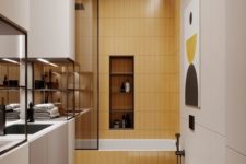 19 a contemporary small bathroom with all neutrals, a yellow tile bathtub zone and dark metal touches for drama