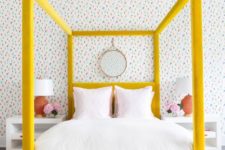 23 a bright modern girlish bedroom with a yellow velvet upholstered bed that is a centerpiece here