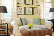 a bright vintage-infused living room with light yellow walls, yellow plaid curtains, elegant furniture and yellow textiles