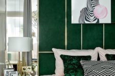 a catchy green and gold headboard and some matching pillows infuse this bedroom with color and make it bold