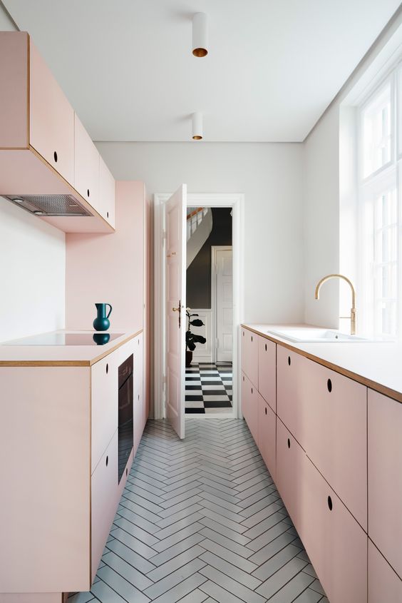 a minimalist blush galley kitchen with sleek cabinets and built in appliances is very stylish and chic