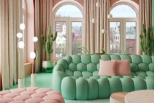 a pastel living room with pink walls, a ceiling and an ottoman plus a green wall and a green sofa looks dreamy