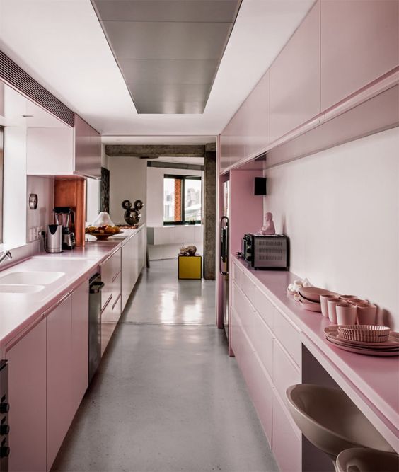 a pretty rose galley kitchen with sleek cabinets and everything built in looks very cute and very chic