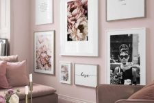 a romantic light pink living room with mauve furniture, a gorgeous glam gallery wall and touches of gold