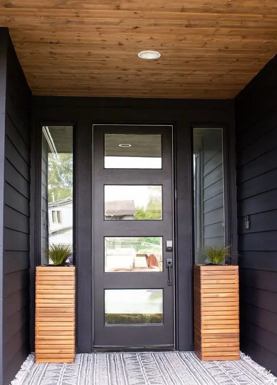 a simple and laconic modenr entrance with black walls and a glazed door, tall wooden planters with greenery and a printed rug