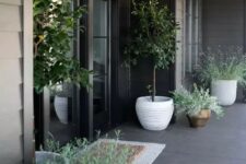 a simple and stylsih modern front porch with black walls and a black tile floor, potted greenery and trees is amazing