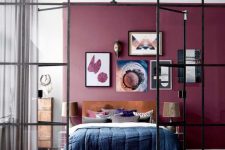 02 a bold and chic bedroom with a purple accent wall, elegant furniture and lamps, a catchy gallery wall
