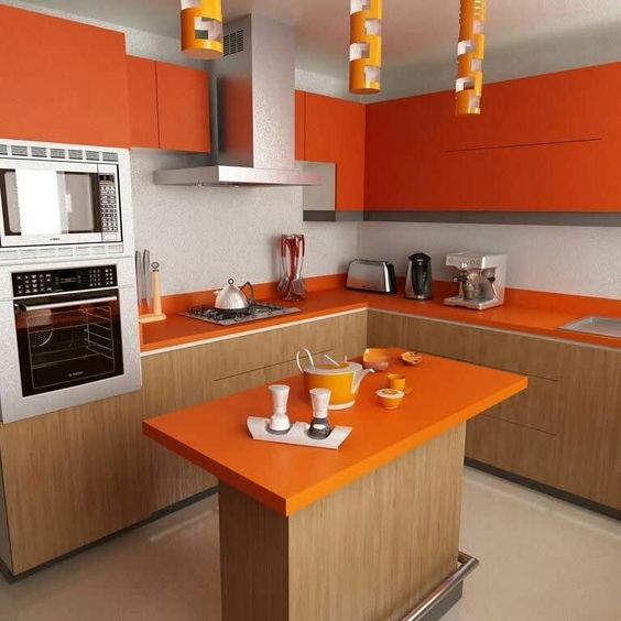 a bright minimalist kitchen with light stained wooden cabinets and a kitchen island, orange upper cabinets and countertops