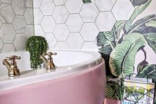 tropical bathroom design with hexagon tiles