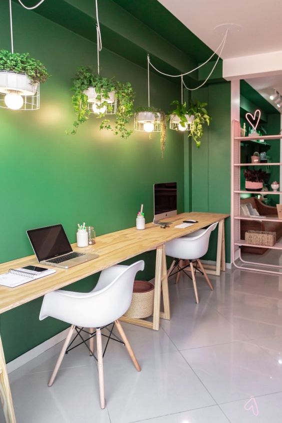 a shared home office zone with a green accent wall, a large desk with white chairs and catchy greenery pendant lamps