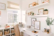 a small neutral home office with open shelves, a simple desk, a storage unit with baskets and woven shades