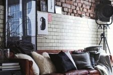 an industrial space with a brown leather Stockholm sofa that brings style and a touch of chic and cool color