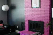 24 a moody living room accented with a purple brick fireplace and an artwork for a gorgeous statement