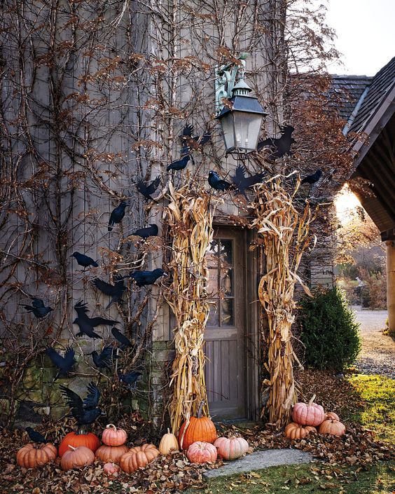 a rustic house entrance with corn husks, pumpkins and bats is a lovely space to enjoy