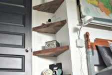 03 thick rustic triangle corner shelves will give a slight rustic feel and a touch of color to the space