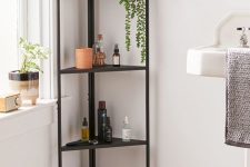 08 a modern black corner shelving unit is a great thing for a bathroom, it will save much space and will bring your comfort
