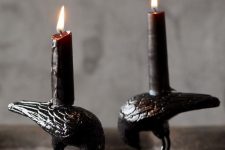 21 elegant and stylish blackbird candleholders with black candles will fit any Halloween table setting or mantel