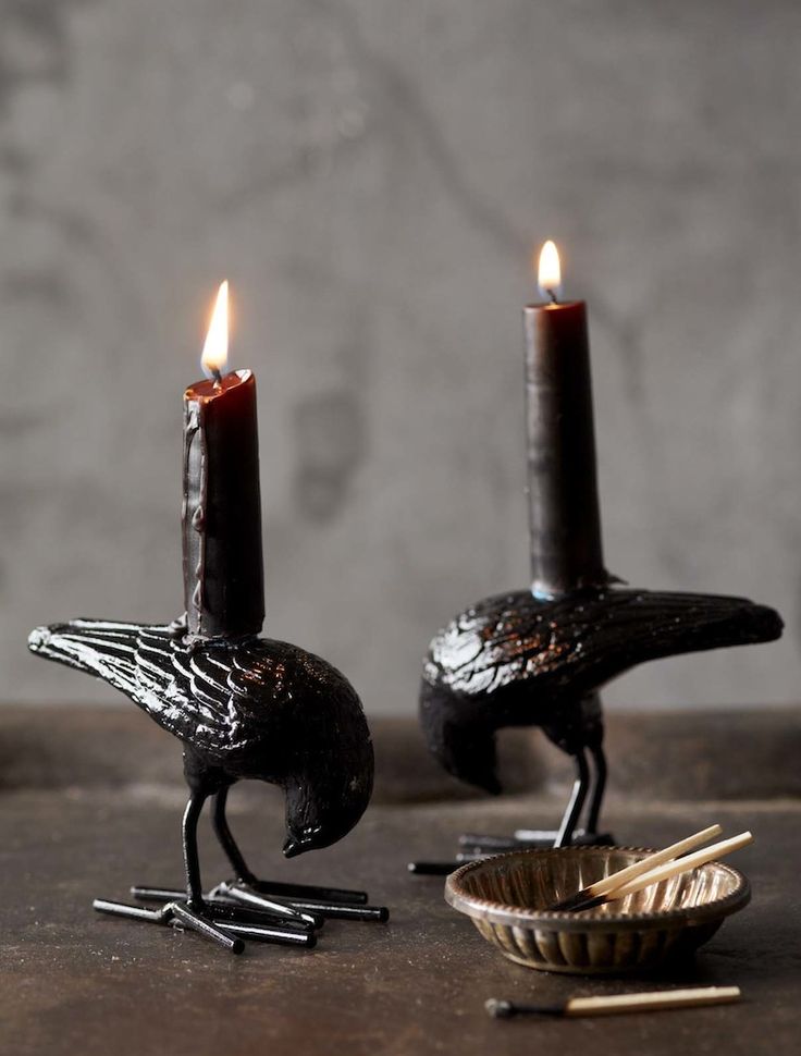 elegant and stylish blackbird candleholders with black candles will fit any Halloween table setting or mantel