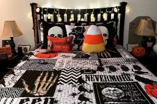 spruce up your bedroom with unique Halloween bedding, a candy corn pillow, pumpkins, lights and lamps