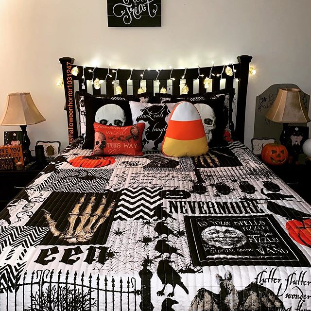 spruce up your bedroom with unique Halloween bedding, a candy corn pillow, pumpkins, lights and lamps