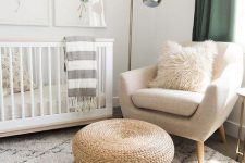 03 a chic and neutral plus gender-neutral space with a crib, jute ottomans, a comfy chair and a stylish floor lamp